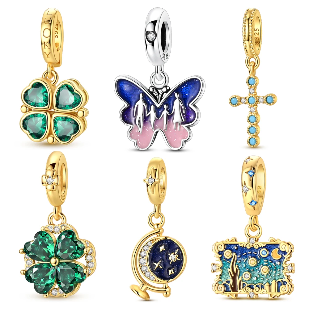 Lucky 925 Sterling Silver Emerald Clover&Night Sky Butterfly&Abstract Painting Pendant Fit Brand Bracelet Elegant Jewelry