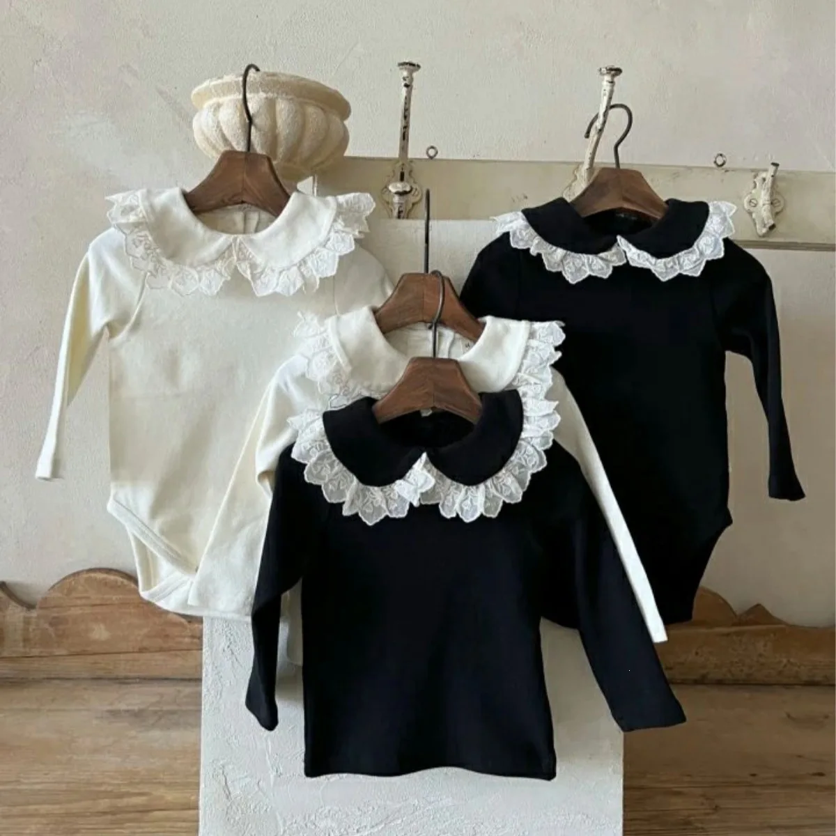 2026 Autumn New Girls Cute Lace Collar T Shirts Baby Sweet Print Tops Infant Solid Bottoming Shirts Cotton Toddler Clothes