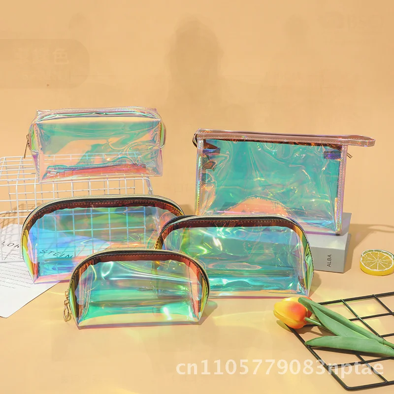 Magic Color Laser Cosmetic Bag Multi-Functional Portable Storage Travel Makeup Bag Transparent Vertical Square Style Zipper
