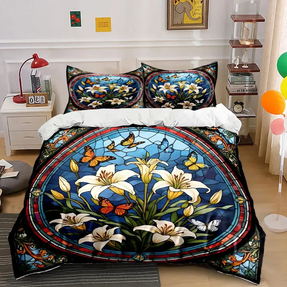 Stained Glass Flower Art Decor Soft Comfortable Duvet Cover Bedding Set Included 1*Duvet Cover & 2*Pillowcases, gift