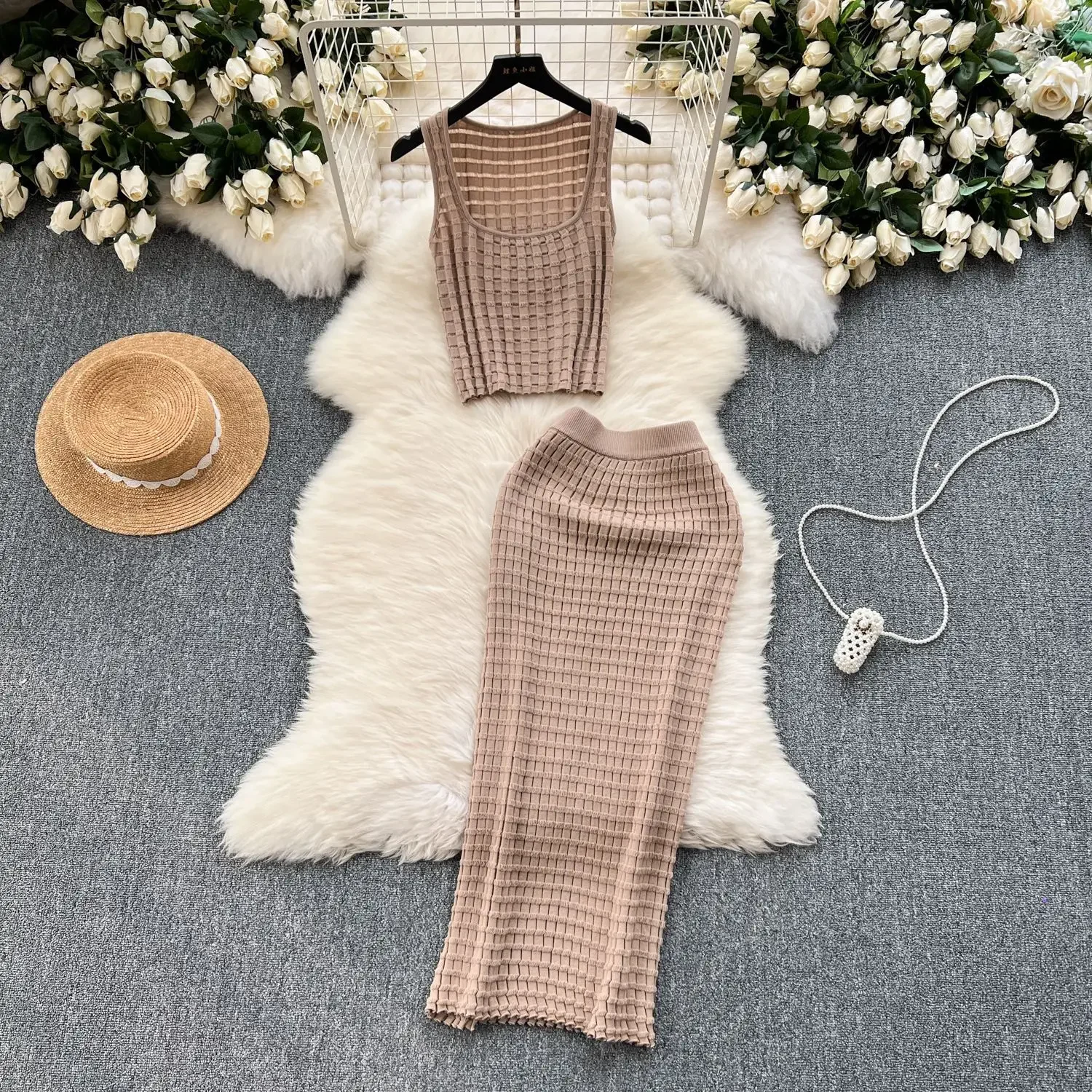 Skirt Set Women Two Piece Sets Knitted Sexy Slim Dress Sets Round Neck Sleeveless Short Vest Tops High Waist Long Skirts Elegant