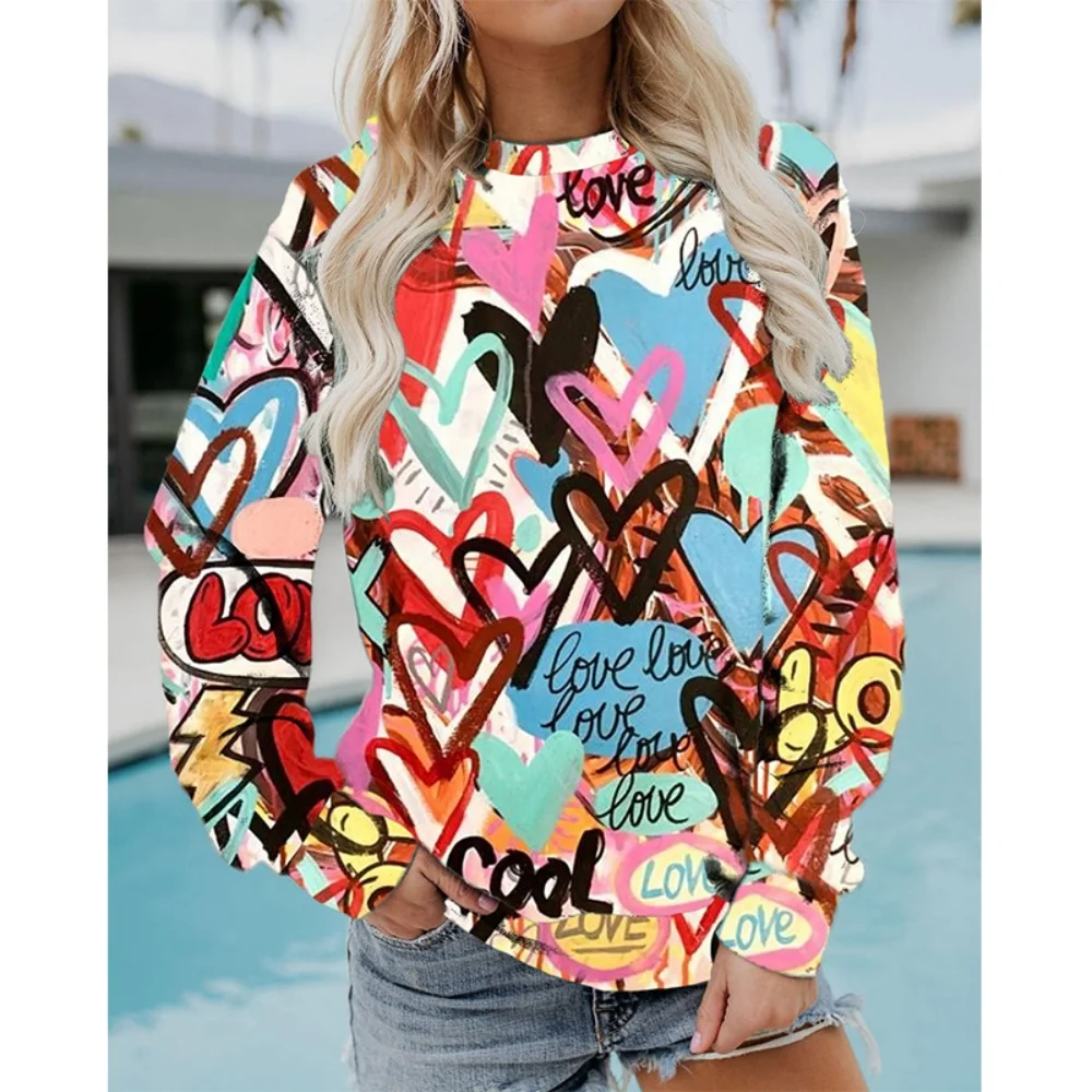 الملونة نمط القلب الكتابة على الجدران الفن الحب ثلاثية الأبعاد طباعة بلوزات المرأة طويلة الأكمام هوديس الشارع الشهير البلوفرات الملابس النسائية