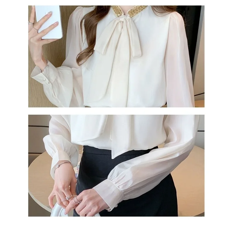 بلوفر نسائي جديد مخيط موديل 2025 بفيونكة موضة بلون سادة قمصان فضفاضة متعددة الاستخدامات غير رسمية بأكمام طويلة