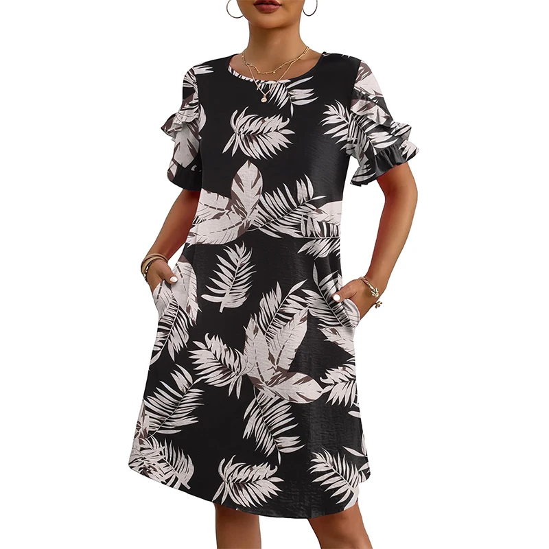 

Beautiful Bohemian Style Seaside Vintage Loose Shift Dress Women's Vacation Special Ruffle Sleeve Short Shirt Dress with Pockets