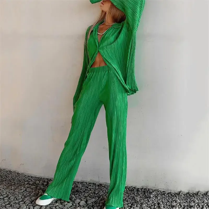 

Women Pleated Set Wide Leg Pants Suit 2024 Long Sleeve Shirt Set Straight Trousers Two 2 Piece Sets Outfits Tracksuit