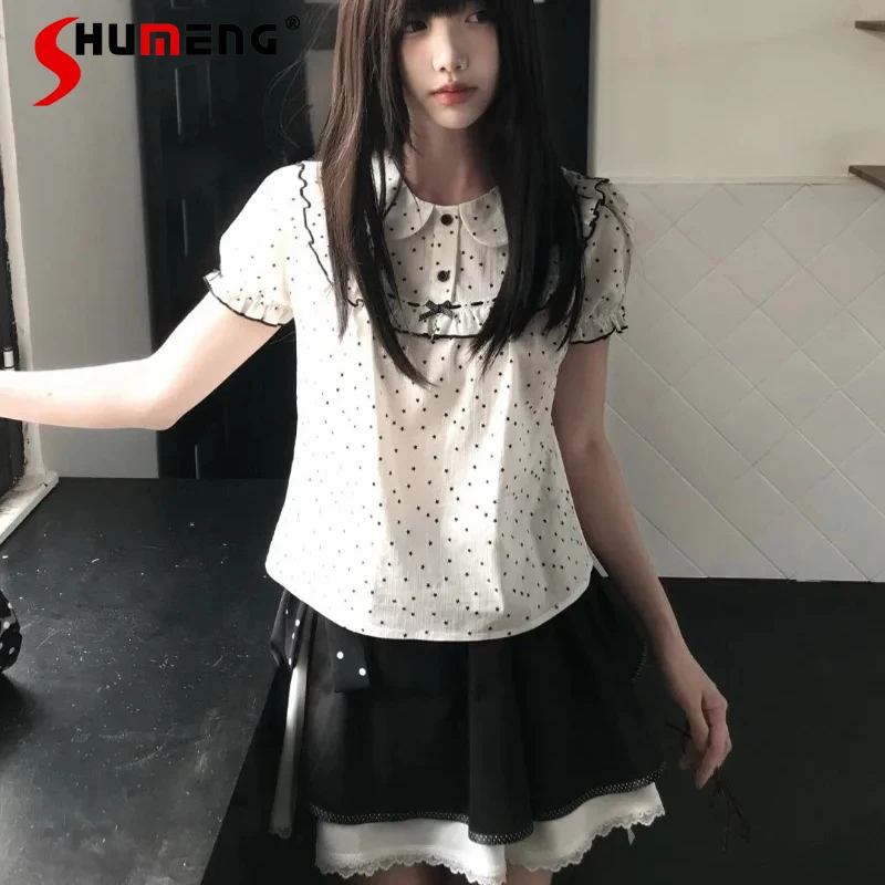 

Милый японский комплект в стиле Лолита: блузка в горошек и черно-белая короткая юбка, модная одежда Y2K для женщин и девушек