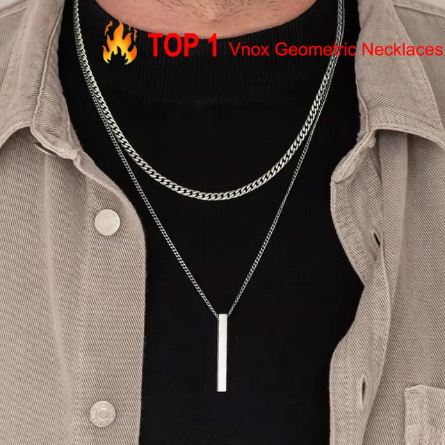 Vnox 3D Vertical Bar Necklaces for Men Layering Stainless Steel Geometric Pendant Layered Wheat Rope Cuban Chain Boy Collar AliExpress 36