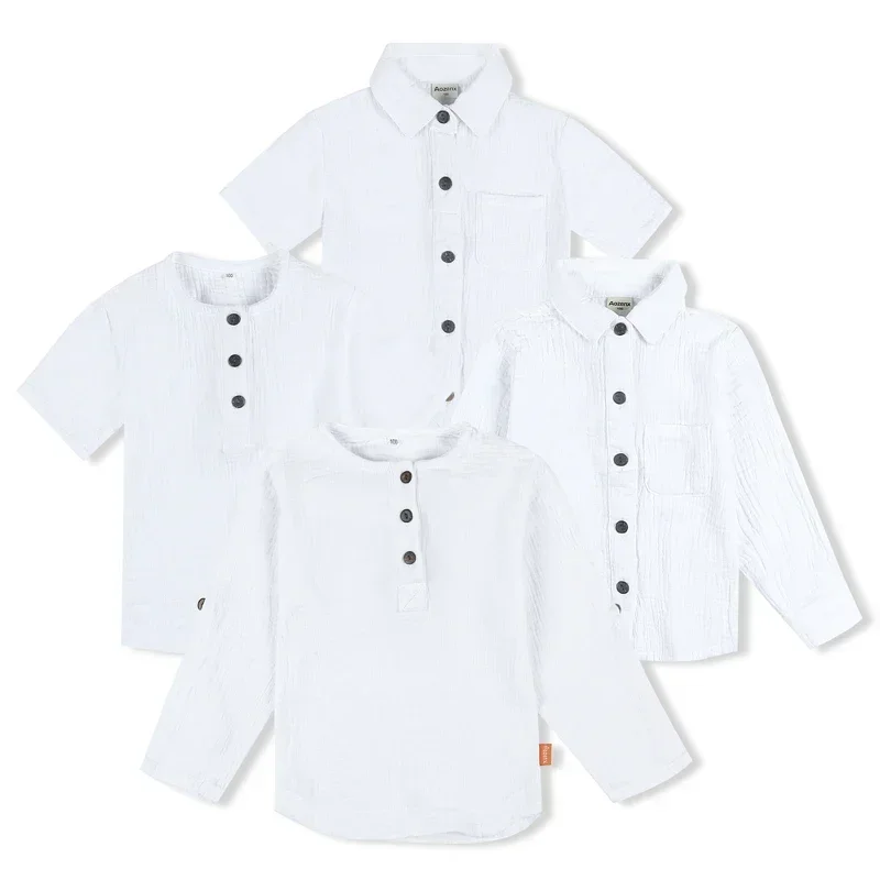 Camisetas blancas de lino y algodón para niños y niñas, Tops cómodos para niños pequeños, ropa para niños, blusa con botones, 2024