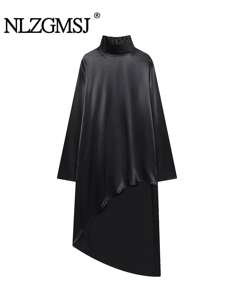 Nlzgmsj feminino blusa de cetim vestido 2025 feminino outono nova moda manga longa assimétrico vestido de rua alta