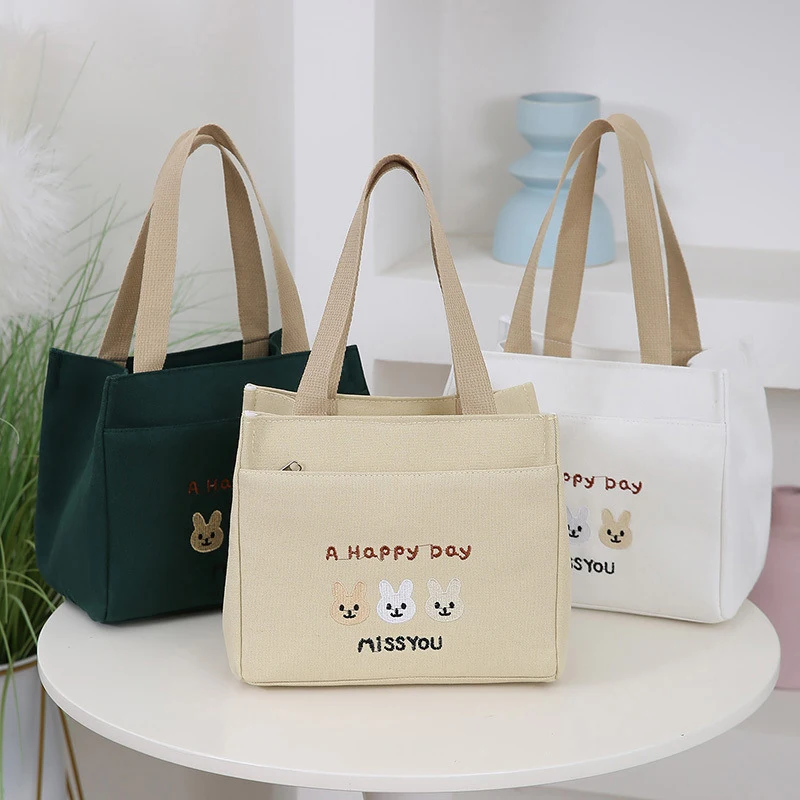 Cartoon Simple Rabbit Pattern Printed Canvas Handbag Office Worker Lunch Tote Bag Storage Bags