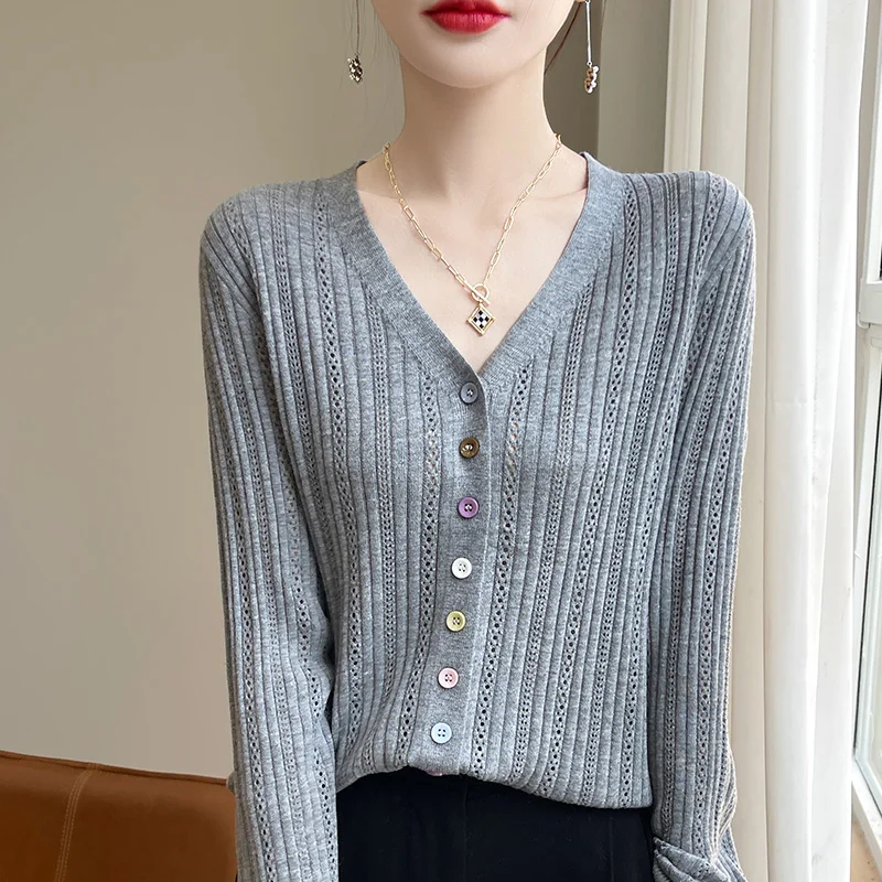 Woman's Wool Cardigan Boutique Thin And Light Solid Color Soft Knit Cardigan Sweater  V-Neck Cozy Casual Versatile Women Sweater