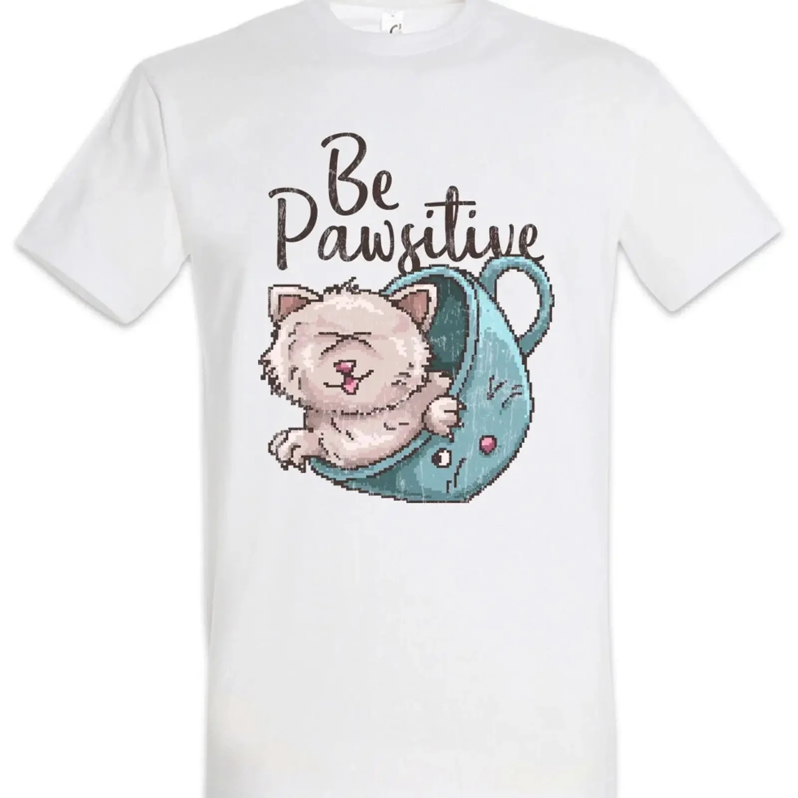 Be Pawsitive T Shirt Pixel Retro Arcade 8 16 Bit Geek Nerd Cat Cats Fun Love vintage Washed fashion Versatile Stretched homme