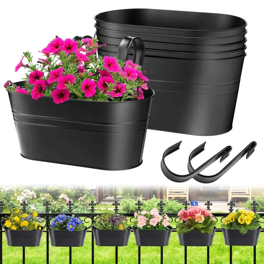 

Railing Planter with Drainage Holes 6Pcs Sturdy Bucket Pots for Railing Fence, Countryside Style Metal Flower Pots for Herbs Bal