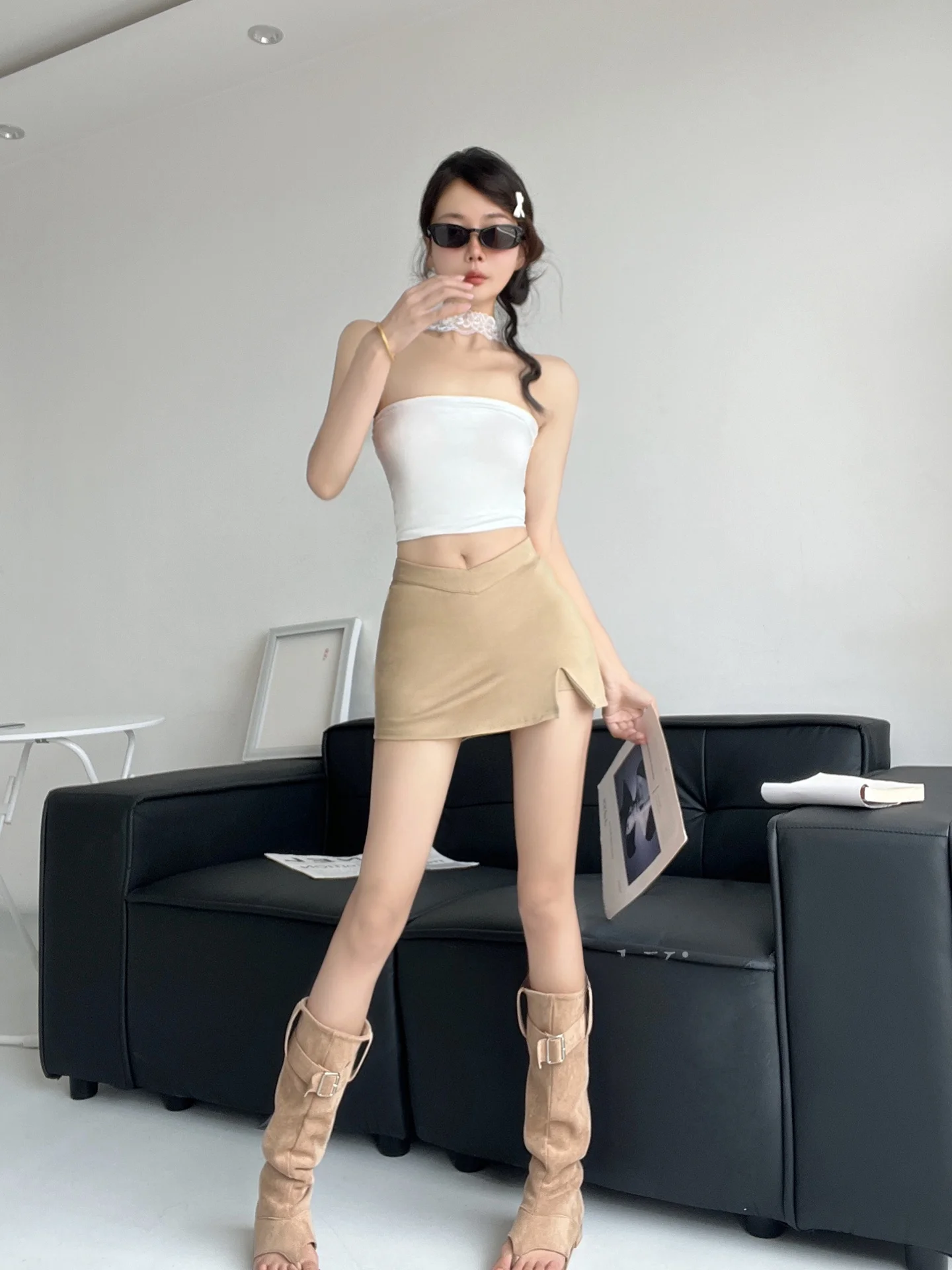 Sexy  A-Line Skirt Women's High Slit Prevent Exposure ort Skirt Summer Low Waist Design Bodycon Sle  Color Skirt