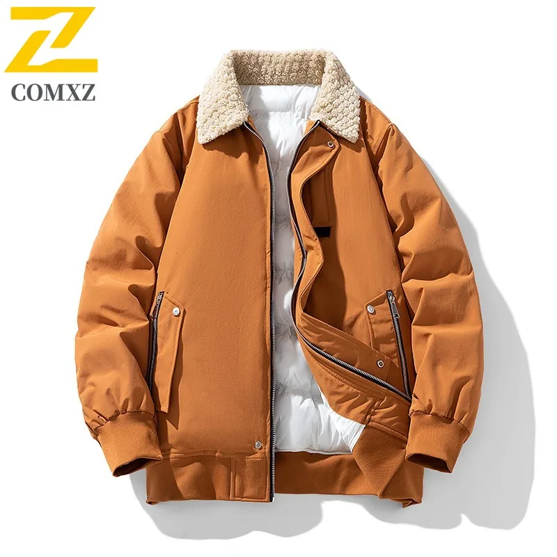 

COMXZ Men Cotton Padded Jacket Korean Fashion Solid Color Fur Collar Work Quilted Jacket Ski Windproof Thickened Winter Jacket