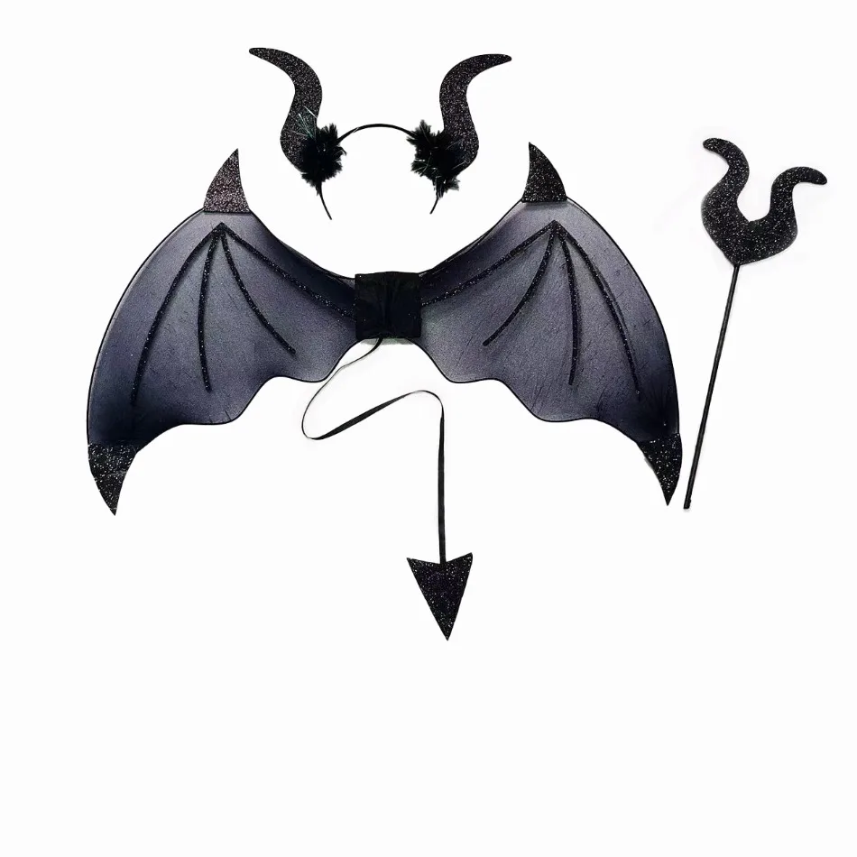 Wholesale 10sets/lot Halloween Theme Photography Props Demon Horn Hair Band Bat Wings Halloween Costume Accessories Party Wand