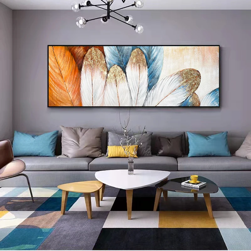 Custom Painting Modern Simple Bedroom Bedside Painting Abstract Living Room Sofa Decoration Painting Orange Feather Mural