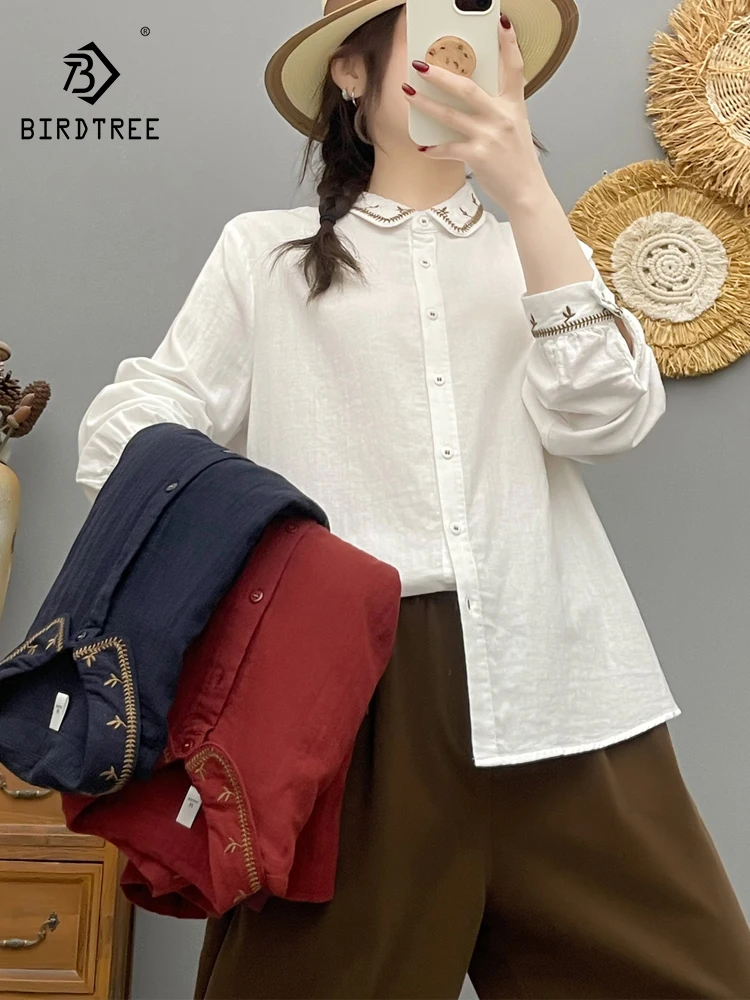 

New 2026 Spring Women Cotton Yarn Long Sleeve Shirt, Lapel Embroidery, Mori Girl Simplicity OL Soft Thin Loose Blouse T63787CC