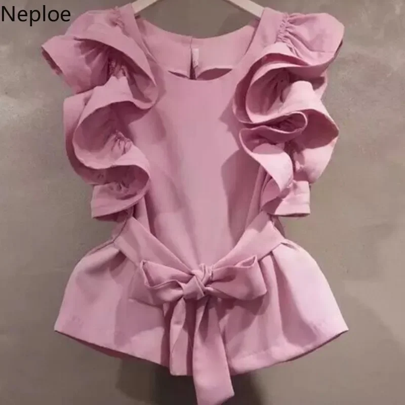 Neploe Sleeveless Ruffles Blouse Korean Sashes Waist-controlled Shirt 2024 Summer Sweet O-neck Solid Color Blusas Tops 43193