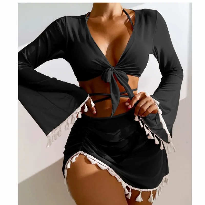 

2024 New Four Piece Solid Color Tassel Cover Up Mesh Short Skirt Bikini Swimwear for Women