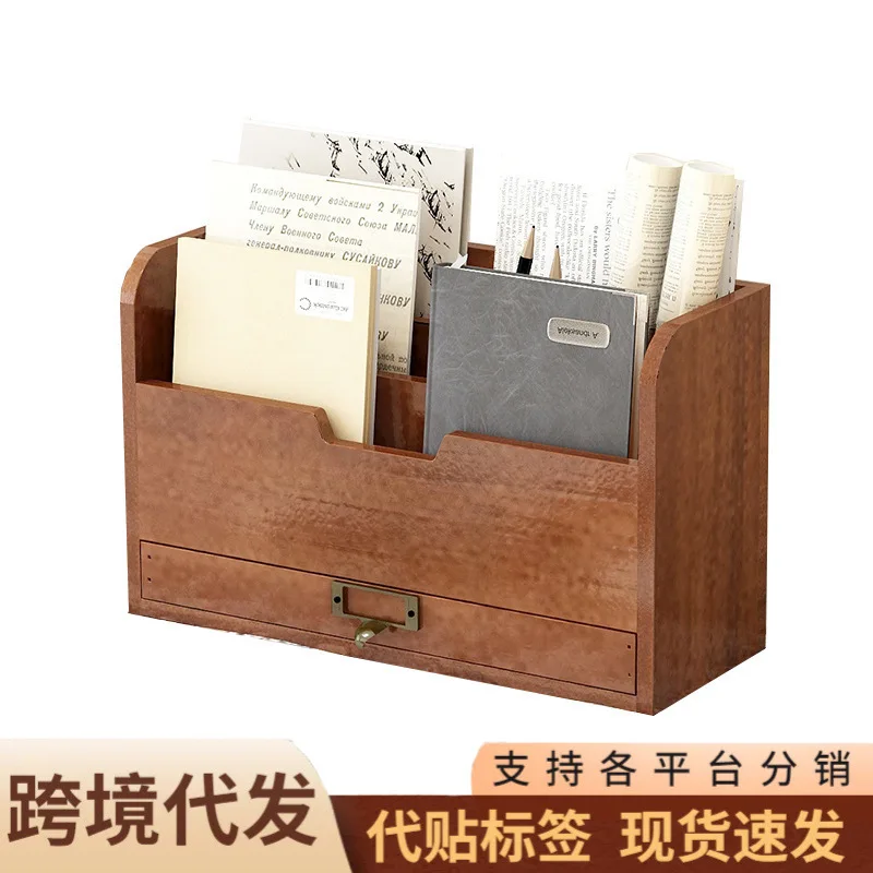 Zakka storage box, stationery and books on student desks, office desk folders, hand accounts, vintage wooden storage shelves