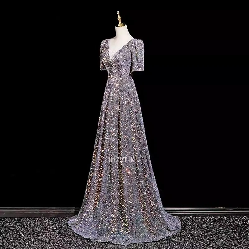 Glänzendes Pailletten-Abschlussballkleid mit V-Ausschnitt, neuer Stil, Bankett, französische Schnürung, Jahrestagung, Host-Kleid, Kostüm, Damen, langes Party-Abendkleid