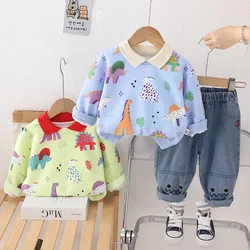 2024 Autumn Kids Baby Boys 2PCS Clothes Set Cartoon Dinosaurs Printed Polo Shirts Denim Loose Pants Suit Toddler Boy Outfit