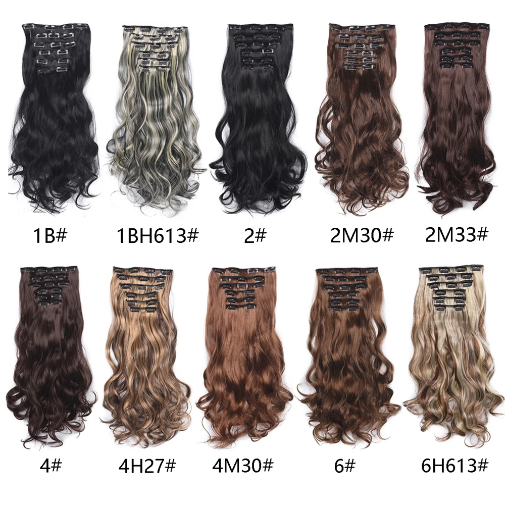 Postiches synthétiques à clipser pour femmes, extensions de cheveux synthétiques, postiches optiques longues ondulées, tête complète, postiches ombrées, 20 po, ensemble de 6 pièces