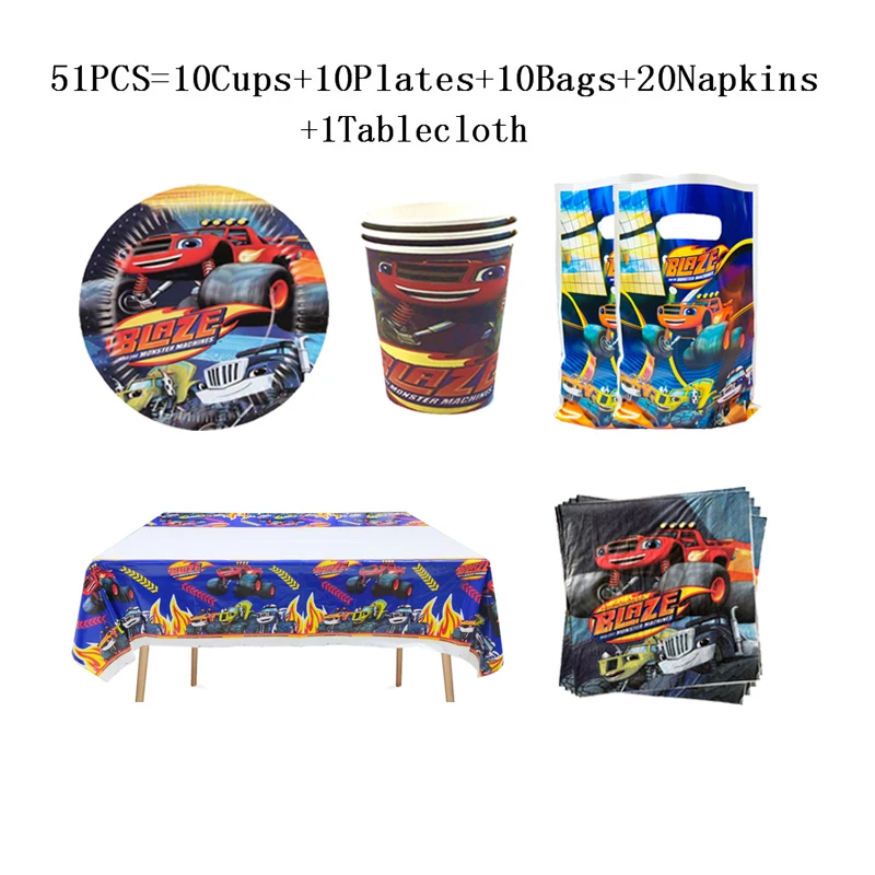 Blaze And The Monster Machines Theme Party Supplies Children Birthday Blaze Paper Cups Plates napkins Flags Tablecloth Supplies