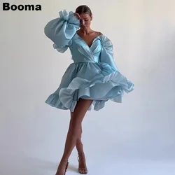 Booma A Line Mini Prom Dresses Off Shoulder Ruffles V Neck Long Sleeves Evening Dresses Party Gowns Cocktail Dresses Customzied