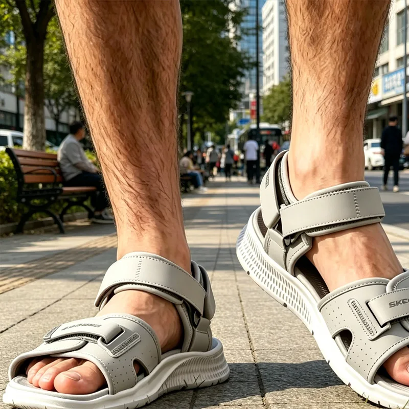 Skechers Men Sandals, Soft Cushion Non-slip Breathable Lightweight Summer Outdoor Beach Casual Footwear 229097-GRY