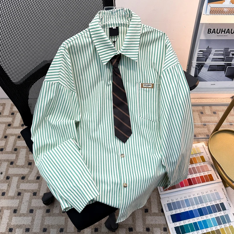 Loose Men's Long Sleeve Striped Shirt Casual Green Inner Jacket Neutral College Style JK Tie Spring Fashion Male Outerwear