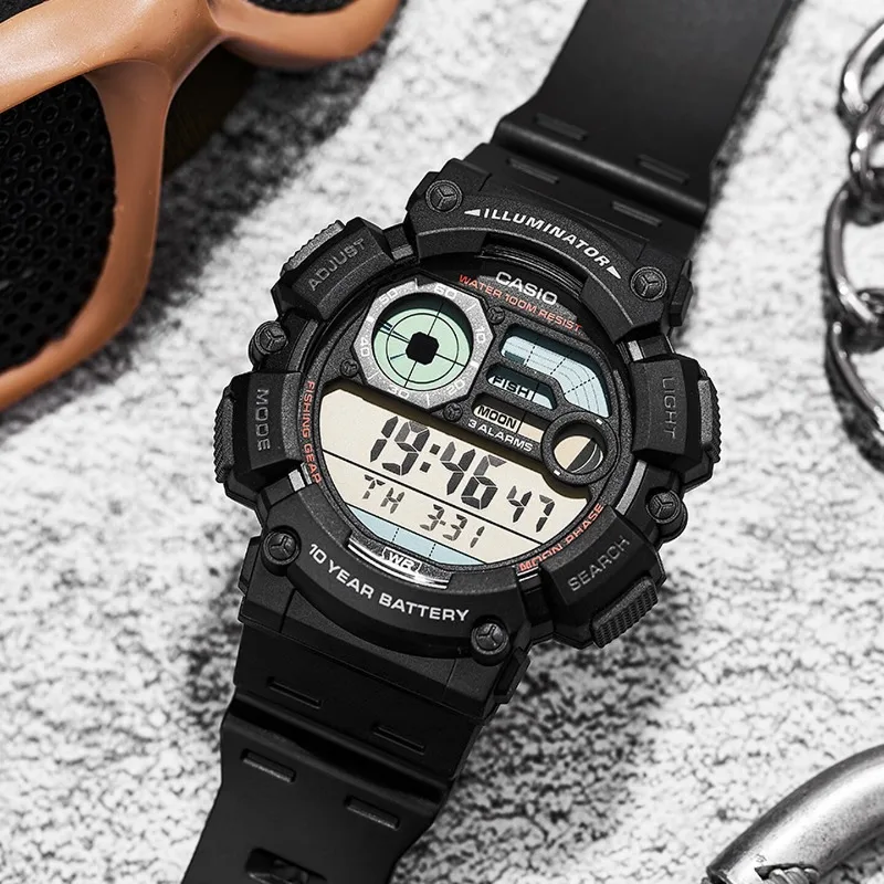 Casio WS-1500H Series Digital Watch, 50mm Large Round Case 100M WR LED Light Moon Phase Fishing Mode Multi Alarm for Men Sports