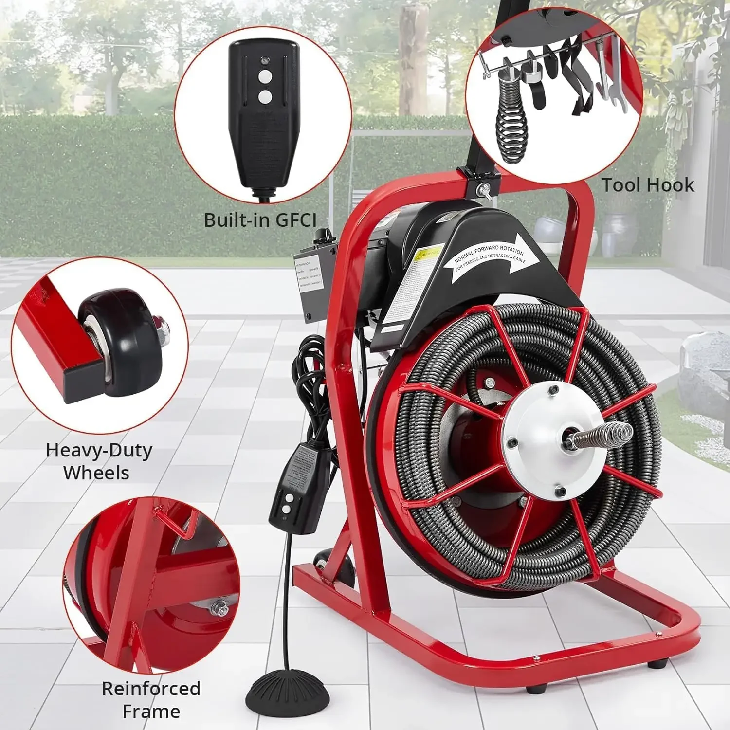 Electric Drain Cleaner Machine, 75 FT X 1/2-Inch Drain Auger & Sewer Snake with 4 Cutters, Air-Activated Foot Switch, and Gloves (K300K)