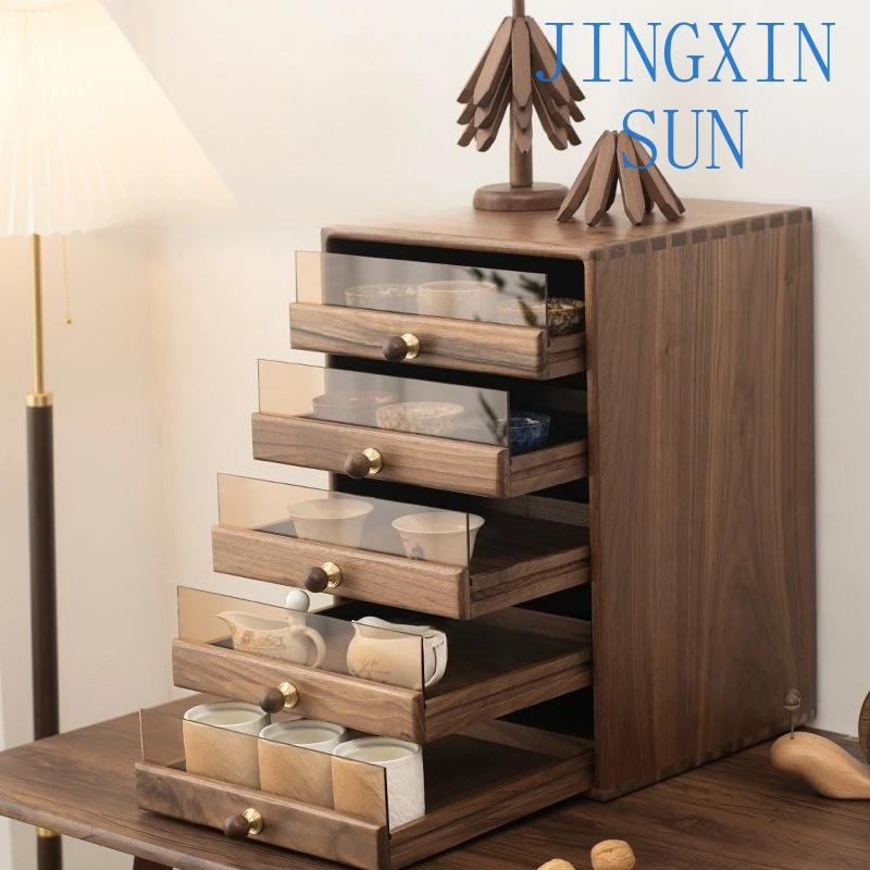 Black walnut storage box pull-out multi-layer storage box with acrylic transparent plate