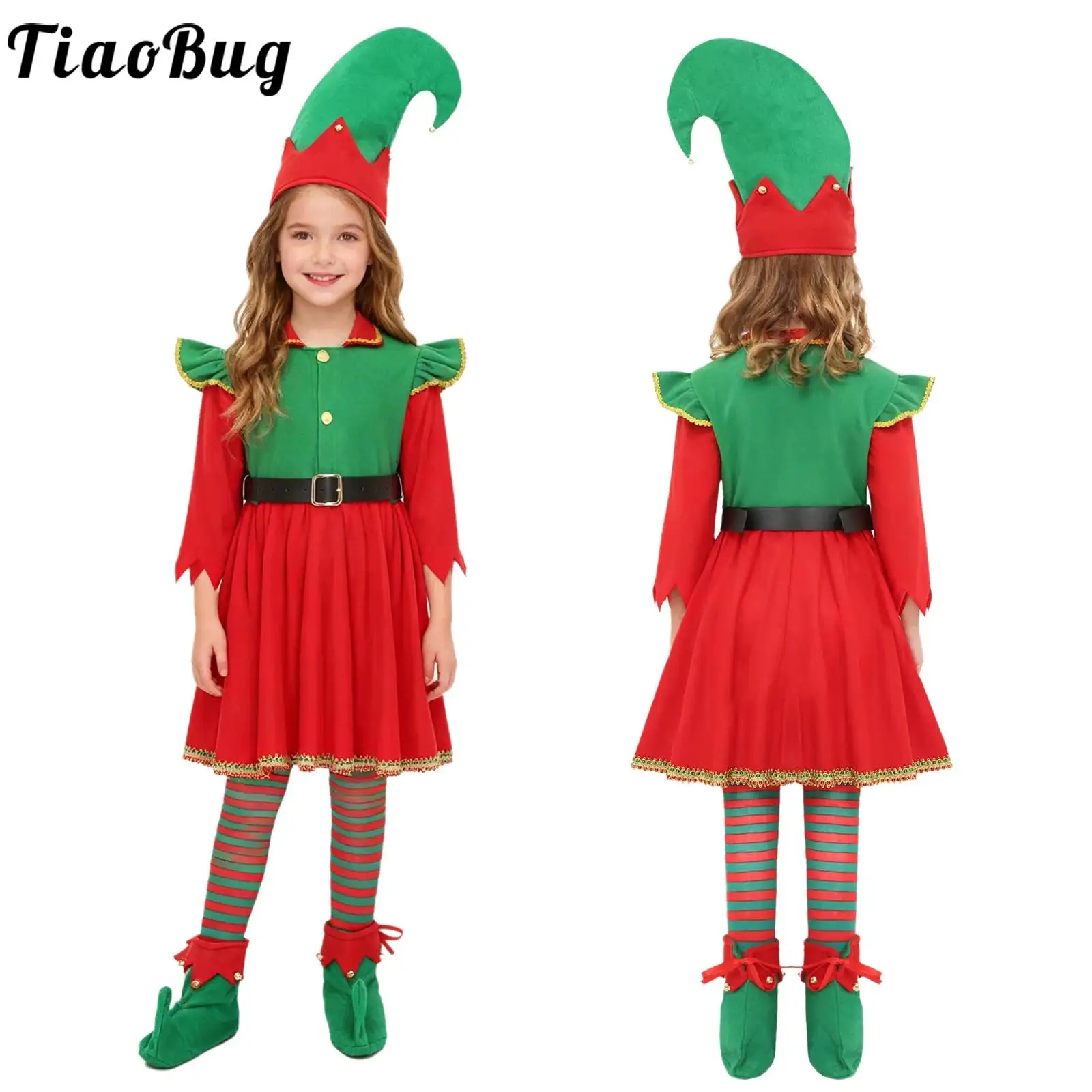 

Girls Christmas Costume Santa Helper Dress Set Elf Role Play Outfits Socks Hat Elf Shoes Set for Xmas Themed Parties Performance