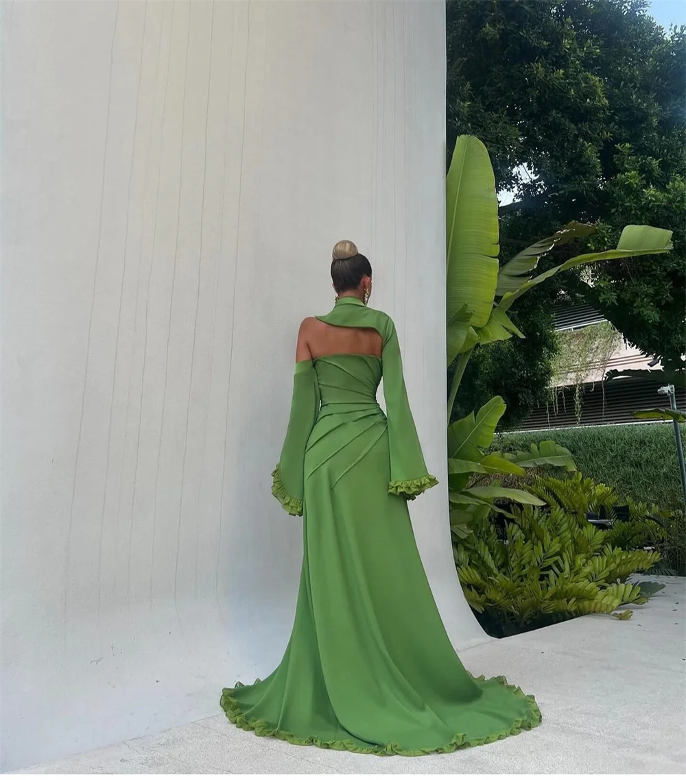 Bella Green Satin Prom Dresses Side Split A-line One Shoulder Wedding Dress Elegant Floor-length Long Sleeves Vestidos De Fiesta