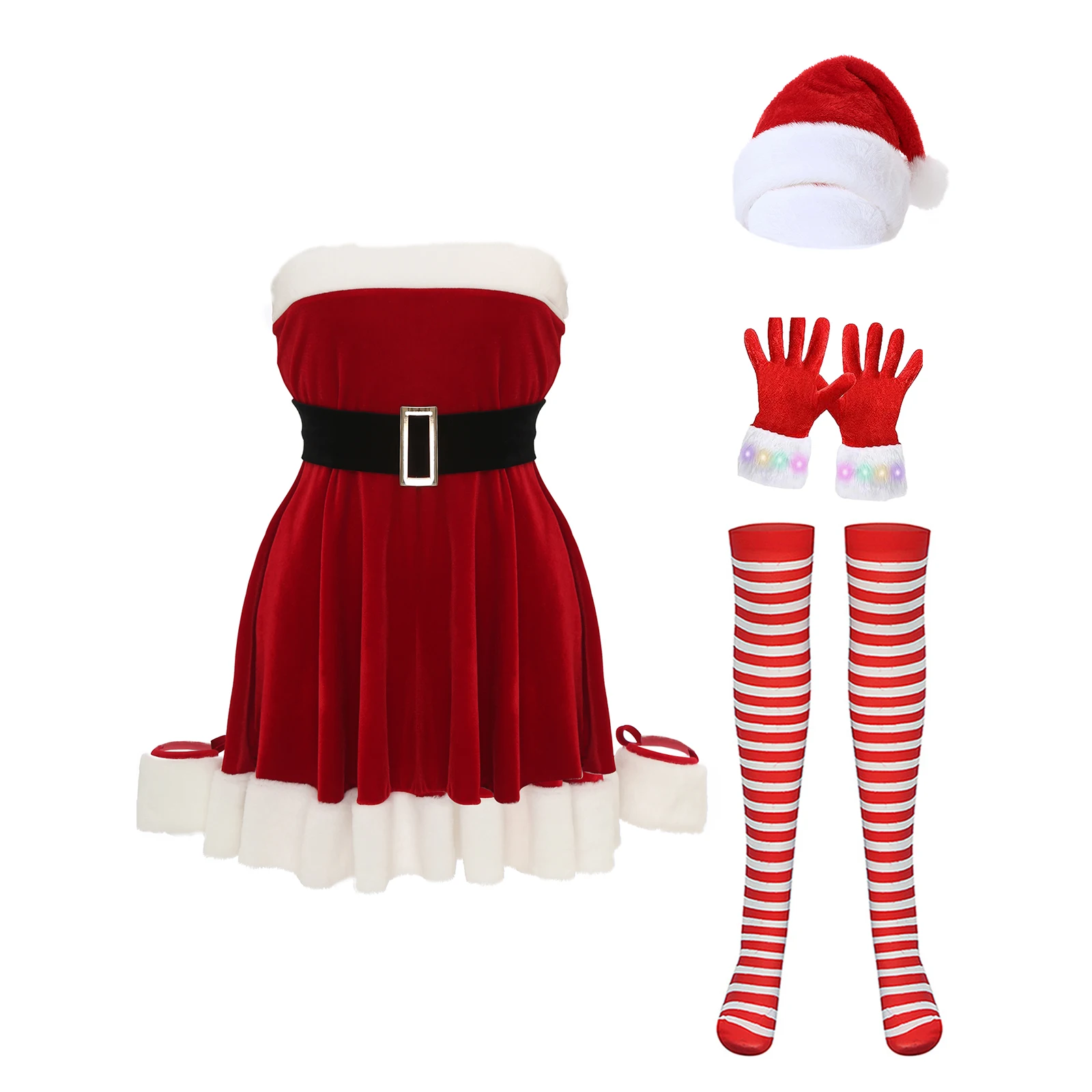 Sissy Women Christmas Role Play Dress Strapless White Trim A-Line Dress with Waist Belt And Stockings Light Up Gloves Hat Set