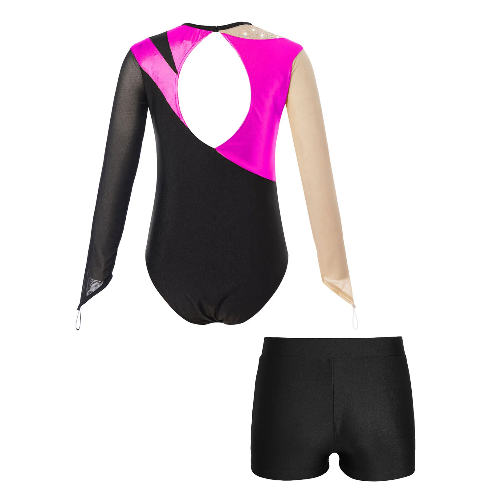 Kids Girls Ballet Dance Gymnastic Leotard with Shorts Rhinestone Long Sleeve Figure Ice Skating Bodysuit Jumpsuit Unitard