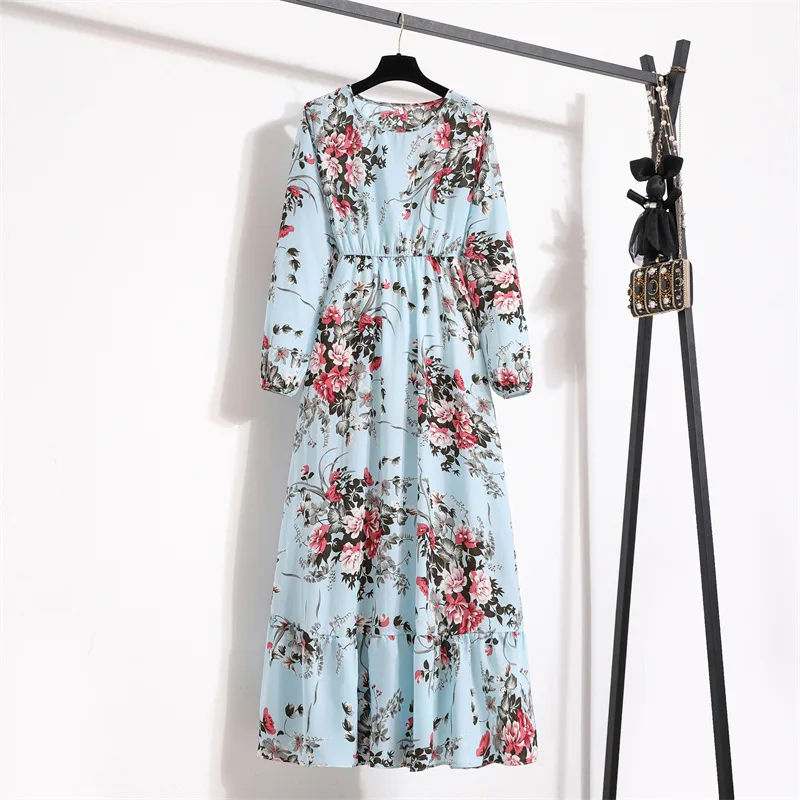 Summer Dresses for Women Casual Solid Full Sleeve Floral Printed O-neck Woman Bohe Beach Party Long Dress Mujer Vestidos