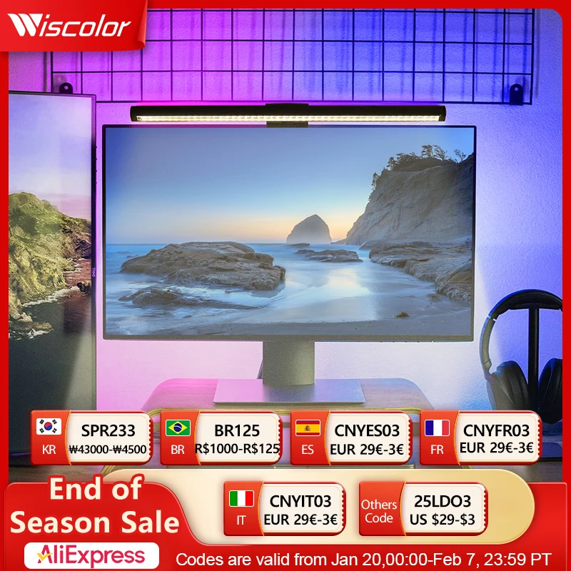 Wiscolor RGB LED PC Monitor Light Bar Computer Monitor Screen Hanging Light Stepless Dimming Eye-Care USB Atmosphere Table Lamp