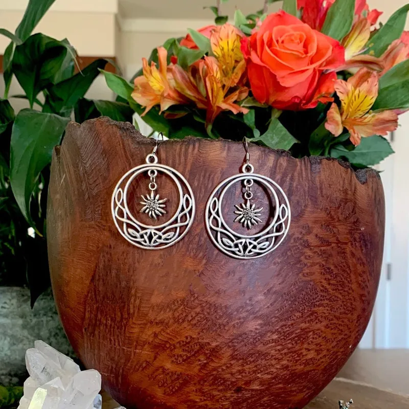 

Celtic complex Earring, Bohemian jewelry, Vintage, silver Color, snowflake, sunflower, moon, ear hook For Women Girls