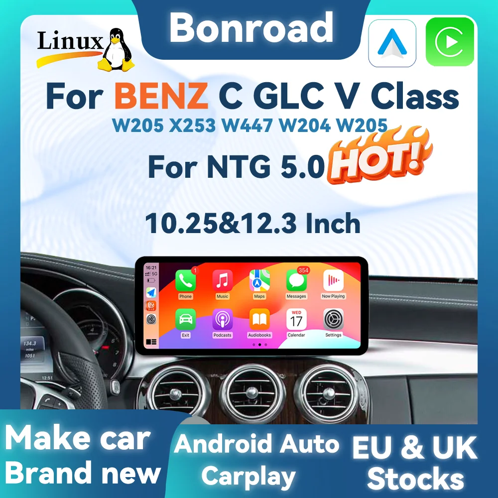 BONROAD Wireless Carplay Linux Screen for Mercedes Benz W205 GLC A C V Class W447 GPS With Android Auto Airplay Car Multimedia