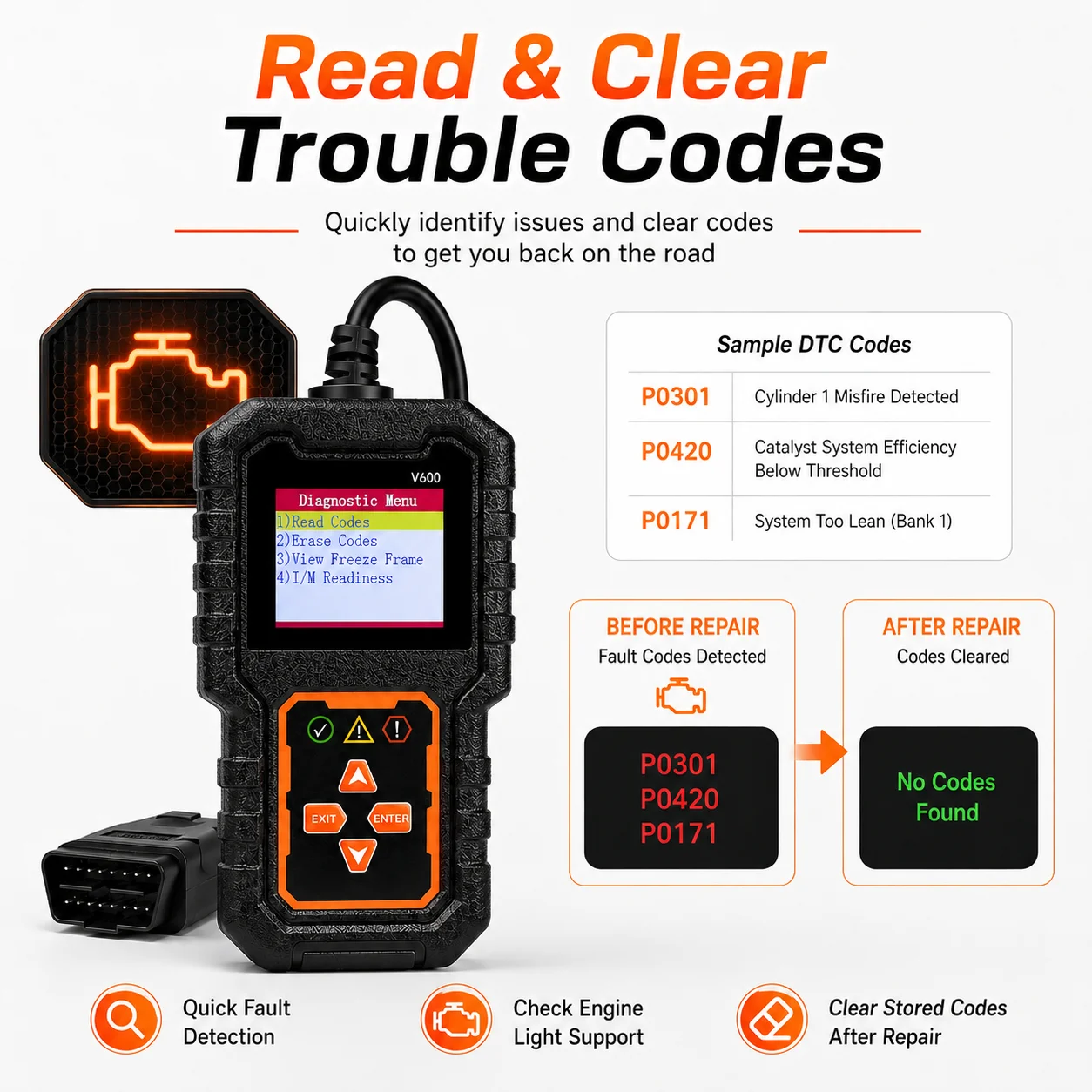 V600 Professional OBD2 Scanner Car Diagnostic Tool Engine Fault Code Reader Code Eraser Battery Voltage Tester OBDII Auto Scanne
