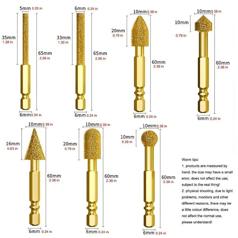 7Pcs Brazing Grinding Head Diamond Rotary File Head Iron Stainless Steel Burr Ceramic Tile Stone Polishing Engraving Drill Bits
