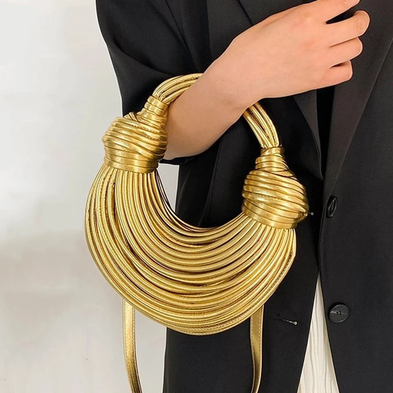 Handbags For Women Shoulder Bag Pu Handwoven Noodle Rope Knotted Acrylic Gold Butt Crossbody Bag Luxury Fashion High Quality