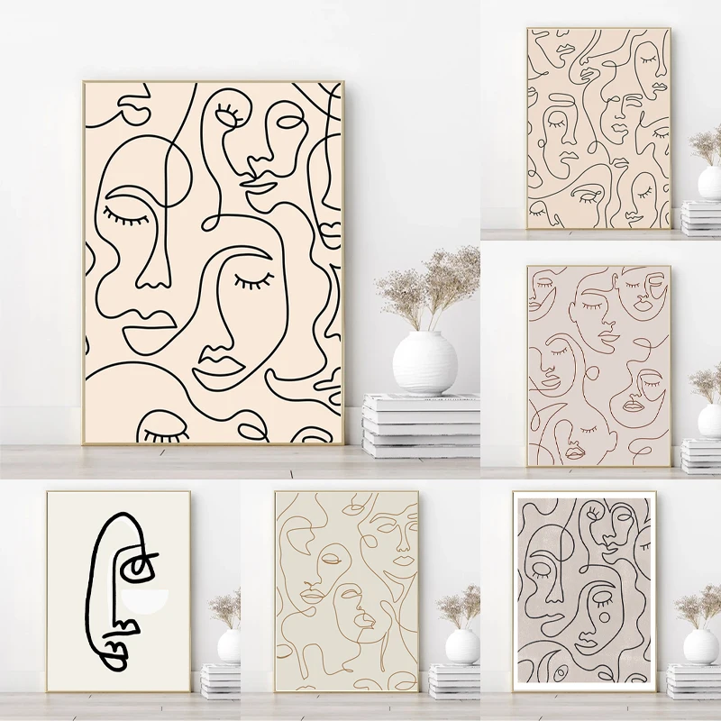 (2D Canvas Painting)  Single Line Face Art Print Minimalist Poster Woman Face One Line Drawing Neutral Wall Art Canvas Painti