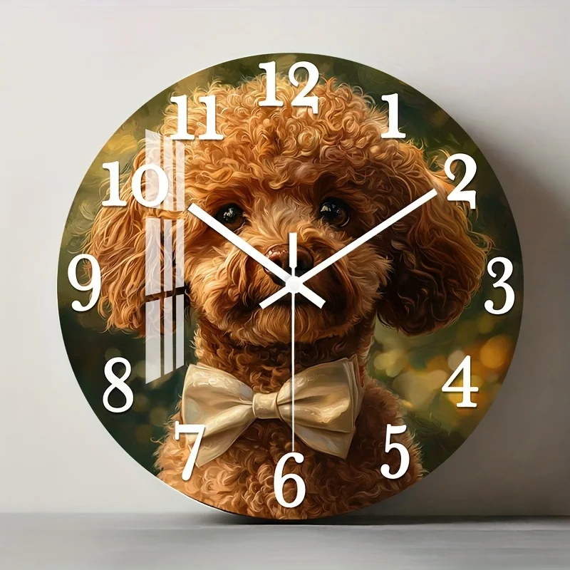 1pc Silent Wall Clock Non-Ticking Wooden, Decorative Circular Clock HD Glossy Lamination Finish Poodle with Bow Tie Design for L