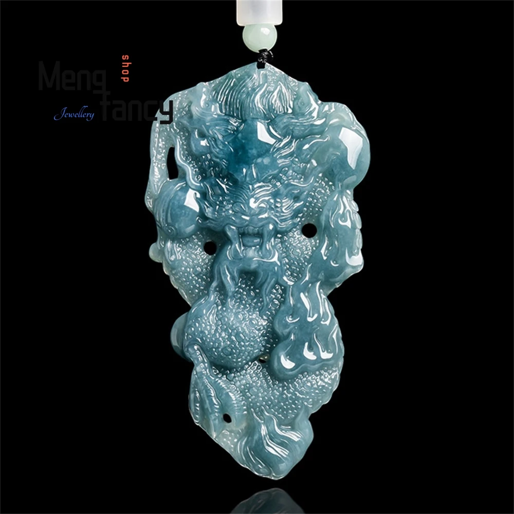 

Natural A-Grade Jade Blue Water Three-Dimensional Powerful Dragon Brand Grand Zodiac Dragon Pendant Ice Jade Pendant Exquisite