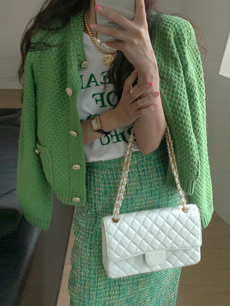 Sweet Loose 2 Piece Set Party Women Clothing Chic Single-breasted Knit Jacket + Tweed Skirt Suit 2023 Winter Autumn X470